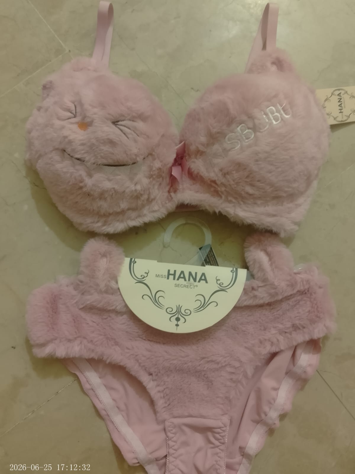 Cute Fur Style Double Padded Woolen Bikini Set – Soft Pink Plush Bra & Panty Lingerie Set - Size 38