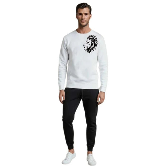 LION Printed White Tracksuit Sweatshirt & Trouser | Warm & Comfortable Winter Wear | Medium