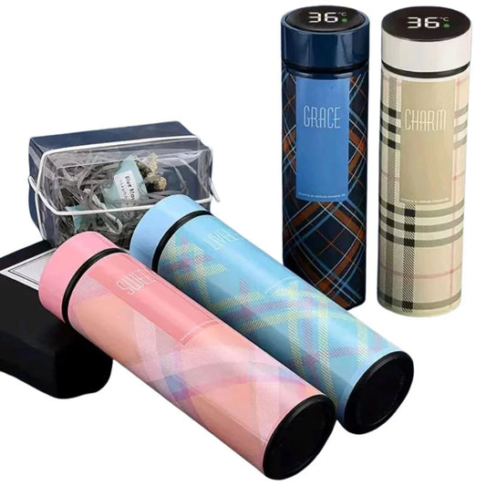LED Temperature Display Water Bottle | Checkered Design | Smart Stainless Steel Vacuum 500ml Flask | Random Color
