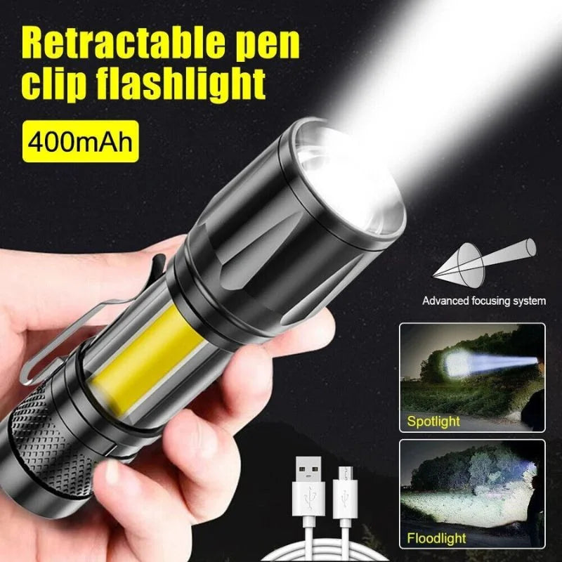 Metal COB Flashlight Torch | Mini Rechargeable LED Work Light & Waterproof Emergency Penlight