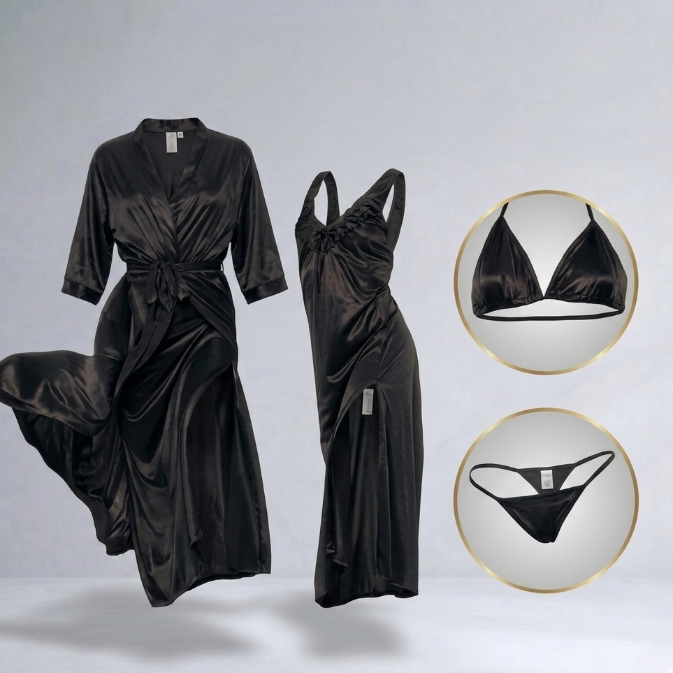 Burgundy Silk Satin 4-Piece Lingerie & Nightwear Set for Women – Luxury Soft Satin Sleepwear, Free Size Sku R005B (black)