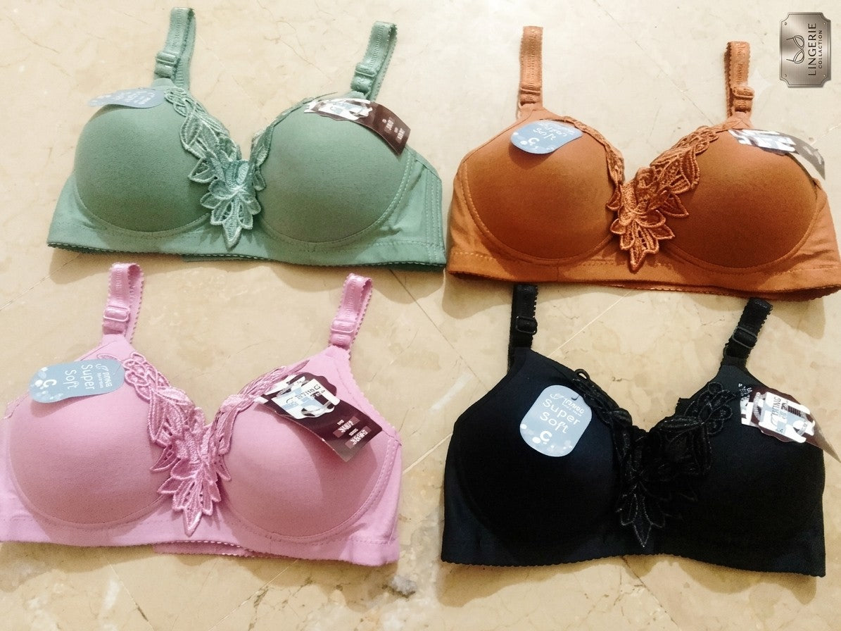 Mid Flower Style Premium Padded Comfort Bra – Soft Nylon Seamless Daily Underwire Lingerie, Random Color - Size 36