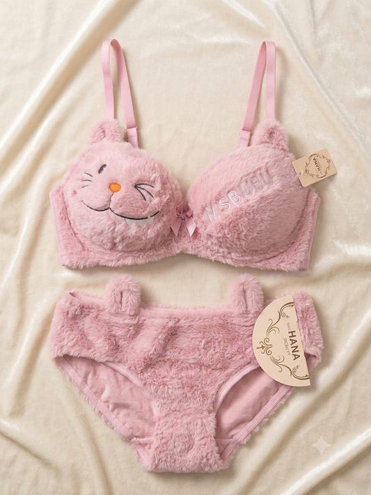 Cute Fur Style Double Padded Woolen Bikini Set – Soft Pink Plush Bra & Panty Lingerie Set - Size 38