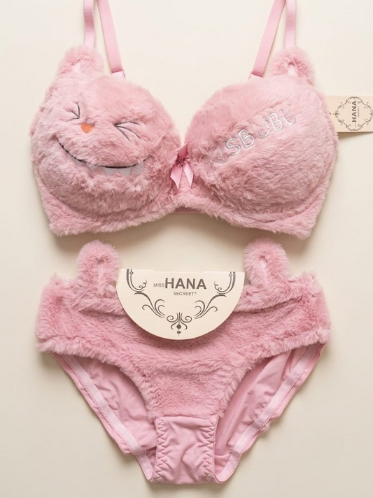 Cute Fur Style Double Padded Woolen Bikini Set – Soft Pink Plush Bra & Panty Lingerie Set - Size 38