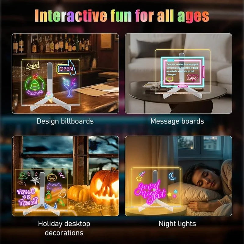 8x8 Inches LED Acrylic Writing Board with USB Light | 7 Colorful Erasable Pens |  Message Board with Markers & Stand